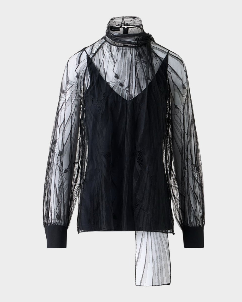 Long-Sleeve Flounce Lace Scarf Blouse